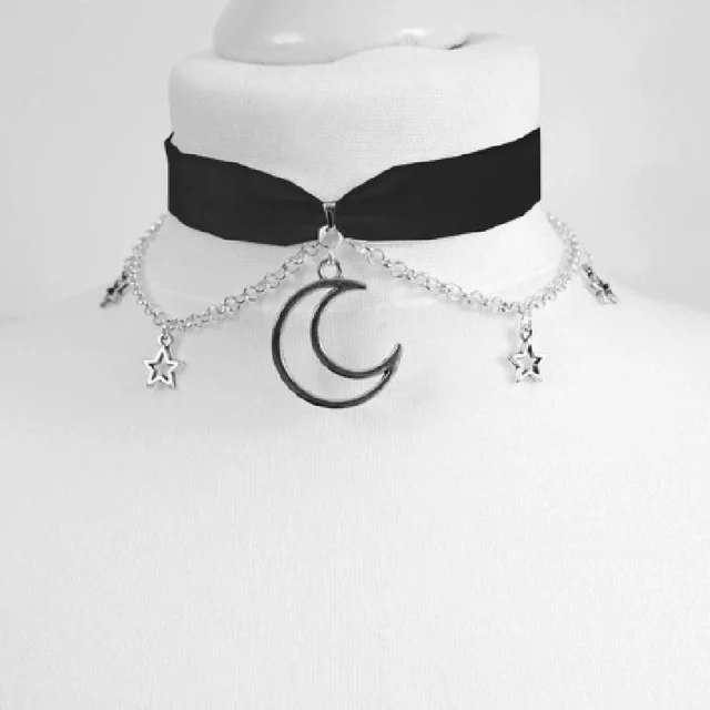 Collana Hipunk Luna E Stella In Acciaio Inox 316L - Ciondolo A Mezzaluna Con CZ, Catena Serpente, Regalo Donna