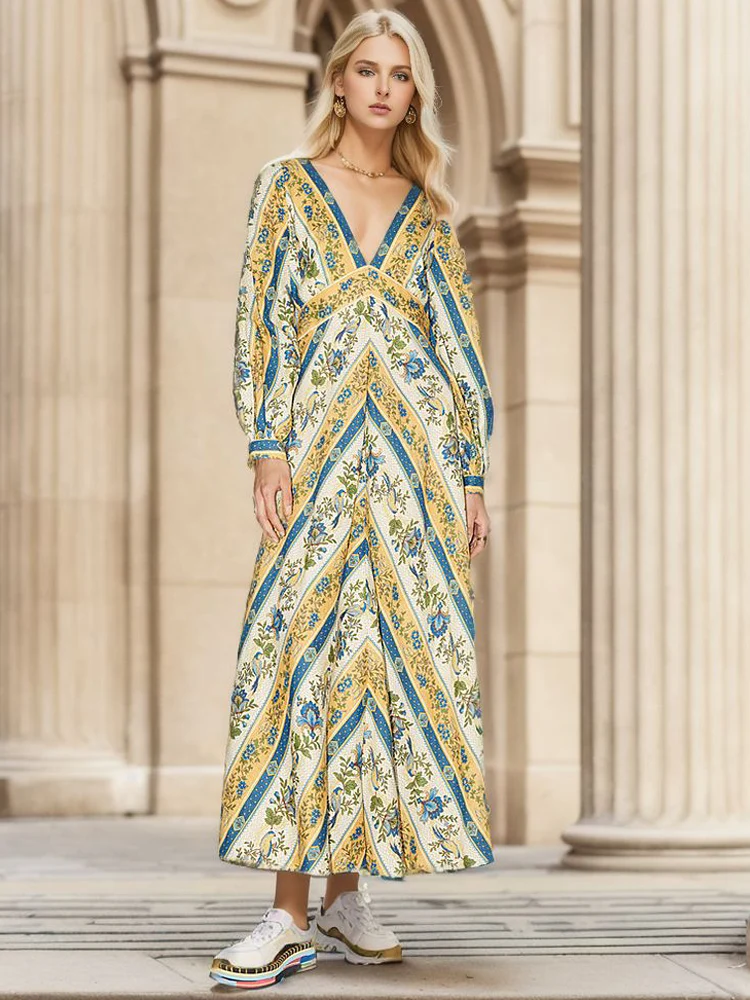 

Женское осеннее модное богемное длинное платье с V-образным вырезом