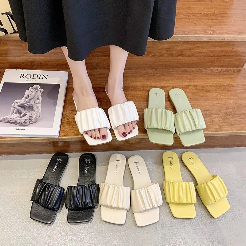 

2022 Women's Slippers Summer Pleated Upper Fashion Wear-resistant Office Flat Shoes Summer New Beach Sandals Women's Shoes New