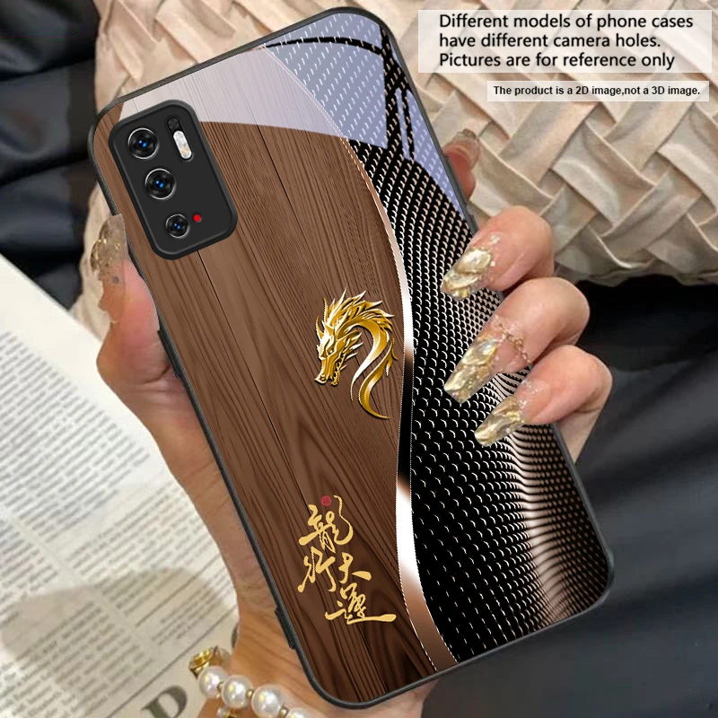 Elegant Black Tempered Glass Phone Case with Traditional Dragon Totem Design