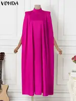 Plus Size 5XL VONDA Women Stand Collar Elegant Party Satin Dress Long Bat Sleeve Evening Pleated Maxi Sundress Casual Solid Robe - Image 5