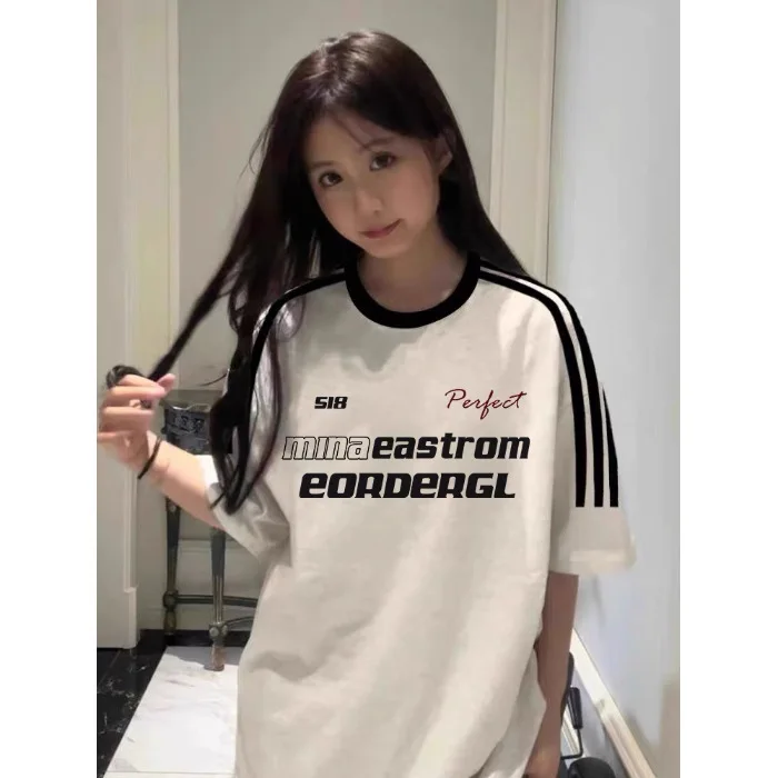 아메리칸 레트로 3 줄무늬 반팔 티셔츠 여성용, 루즈한 코튼 반팔 탑, 디자이너 티, 여름 트렌드 브랜드, 2024 신상  Best5