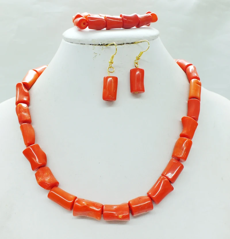 

Its gorgeous classic orange coral necklace Bracelet Earrings Wedding Jewelry Set 18"