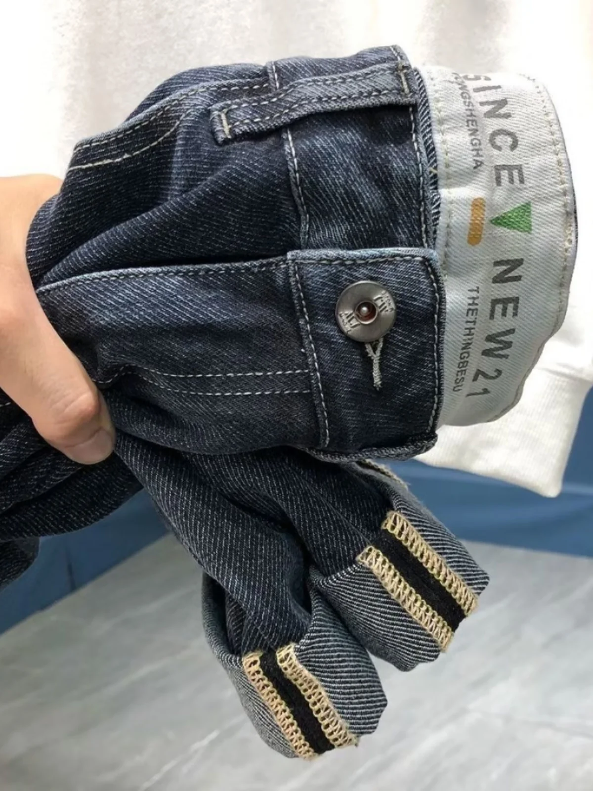 Men's Fce Lined Straight Leg Jeans Elastic Slim Fit Casual Long Pants Winter Warm Faionable Youth Sle mid Waist Zipper