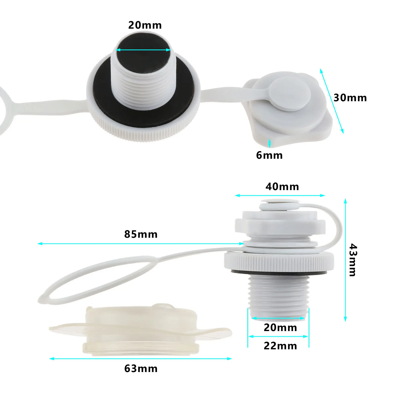 Valvola di gonfiaggio a ve di ricambio con tappo pneumatico unidirezionale in plastica nera 22mm per kayak per barche gonfiabili