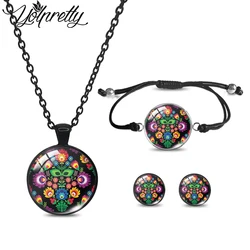 2023 New Arrival Polish Folk Flowers Art Black Necklace Rope Bracelet Stud Earrings Sets Glass Cabochon Jewelry Sets for Women