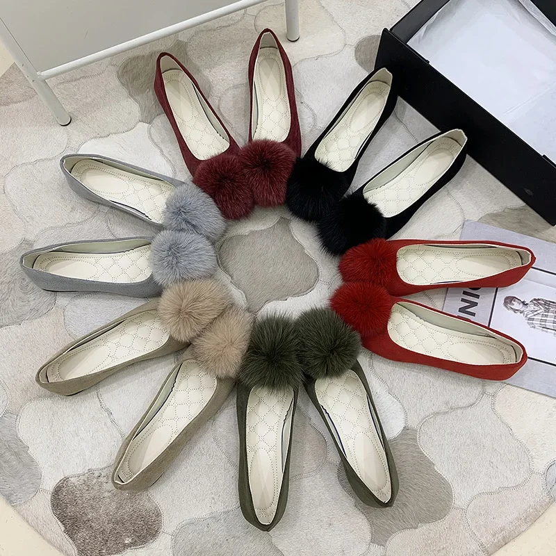 Furball single shoe woman Spring and Autumn Korean version square head suede women's flats big size casual shoes for women