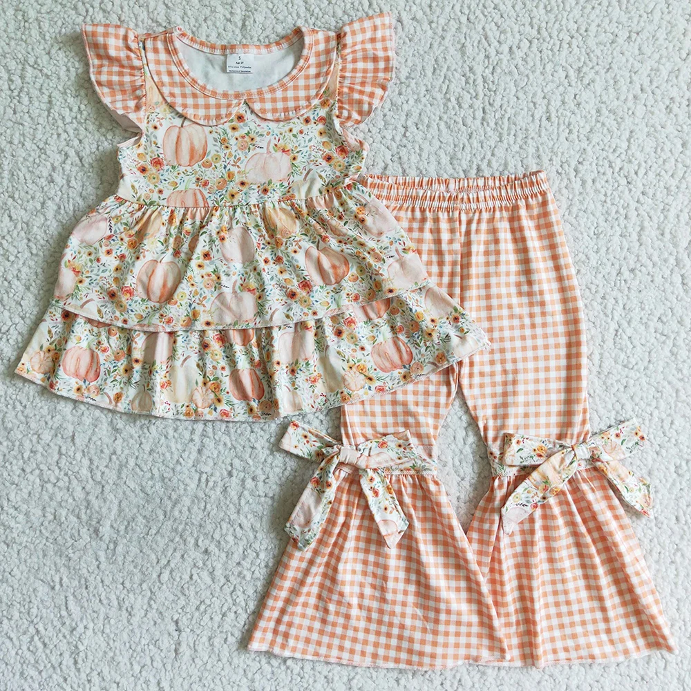 

RTS Baby Girls Clothes Set Halloween Pumpkin Print Boutique Kids Clothes Girls Ruffle Top Bell Bottom Pants Children Outfits New