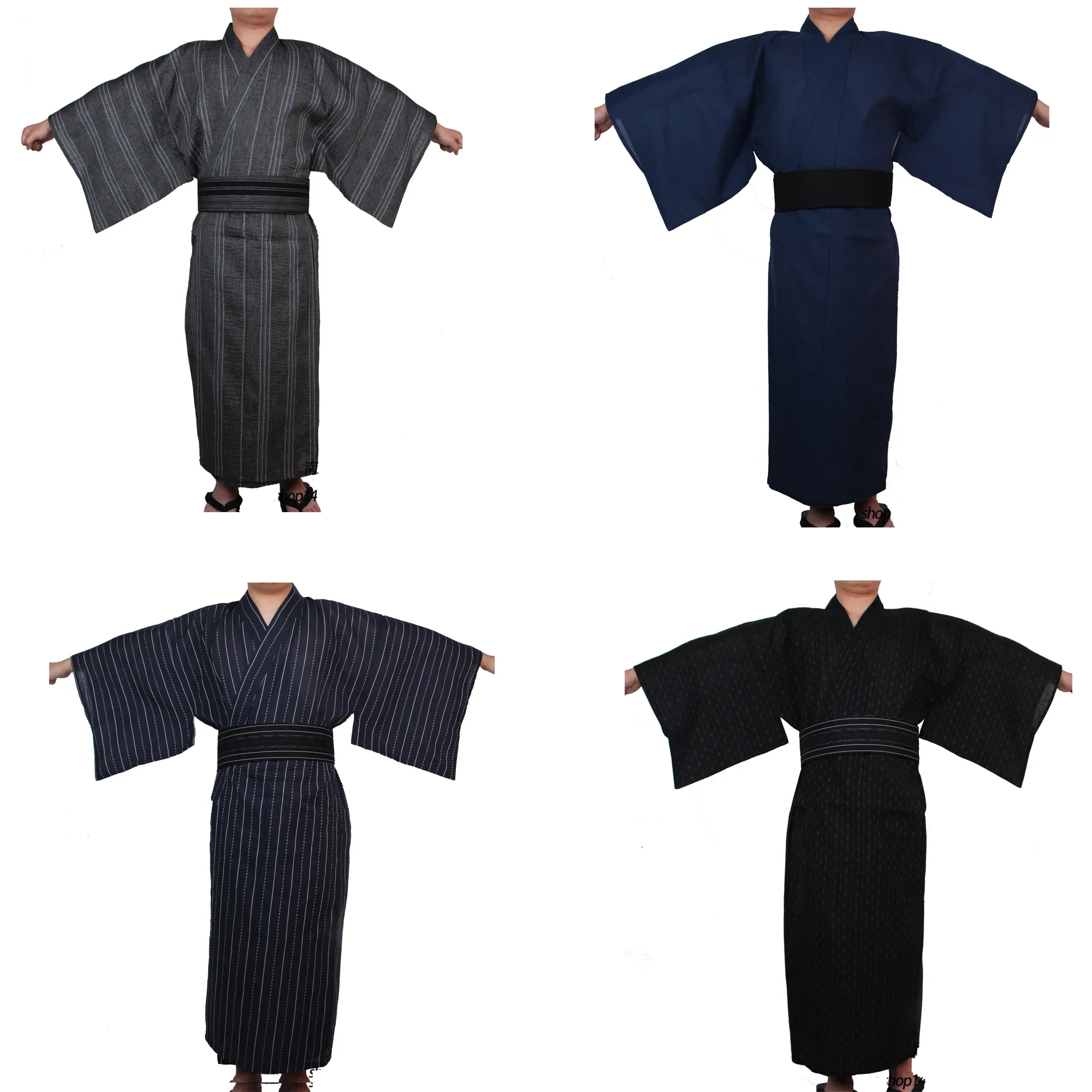 Japanese Traditional Samurai Kimono For Men Yukata Bathing Robe Hekoobi Loose Style Sauna Wear Homewear Belt Long Gown Cotton Japanese Kimono