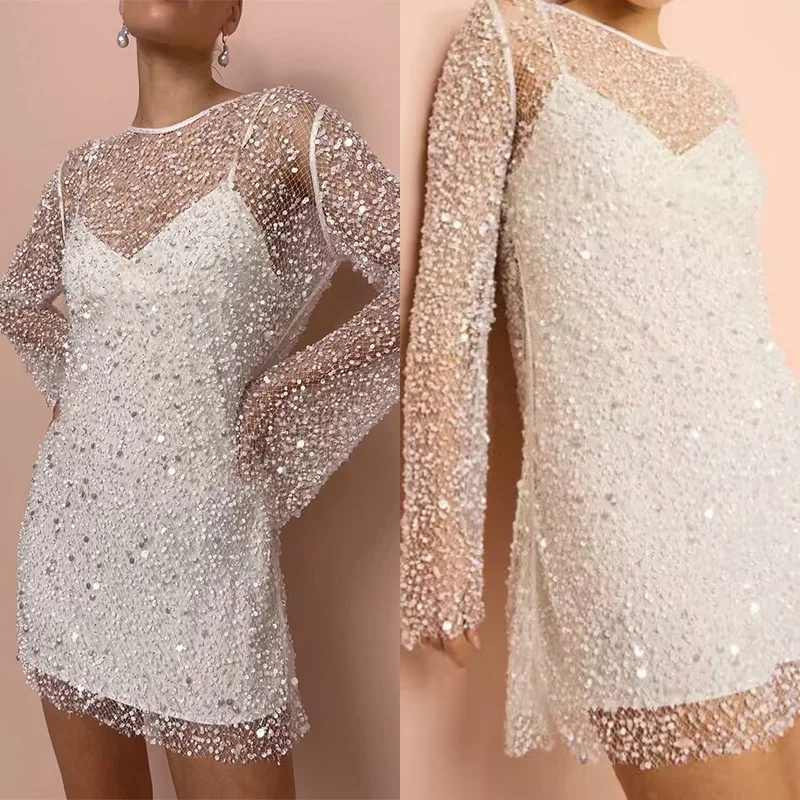 

Women's Elegant Long Sleeve Party Dress Sexy Size Bubble Beads See Through Mesh Halter Dresses Prom Club Evening Gowns 2Pcs