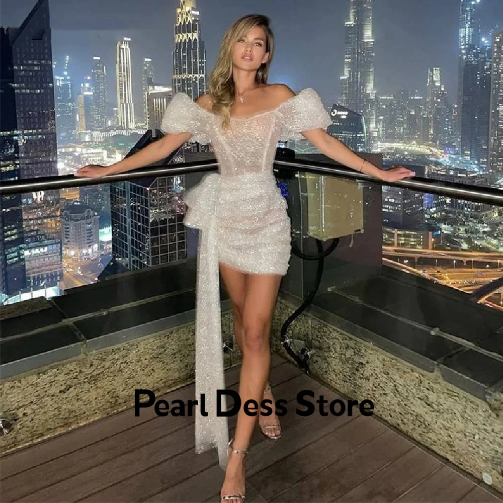 

Sparkling Fluffy Sleeve Dress Ball Dress Sparkling Mini Party Dress Side Train Short Evening Dress Sparkling Evening Dress