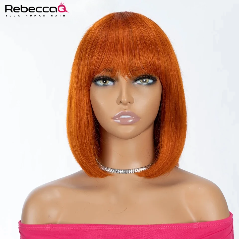생강 오렌지색 짧은 스트레이트 밥 컷 인모 가발 앞머리 포함 100% 인모 브라질리언 스트레이트 헤어 풀 머신 메이드 가발
