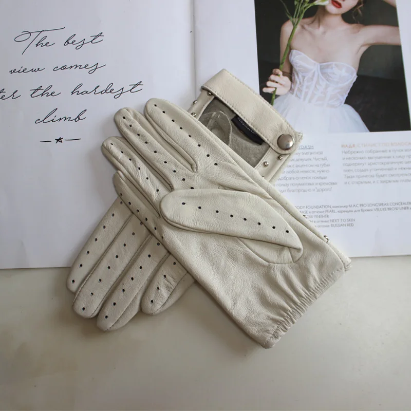 New Women's Sheepskin Gloves Thin Unlined Rivet Style Colored Driving Leather Gloves