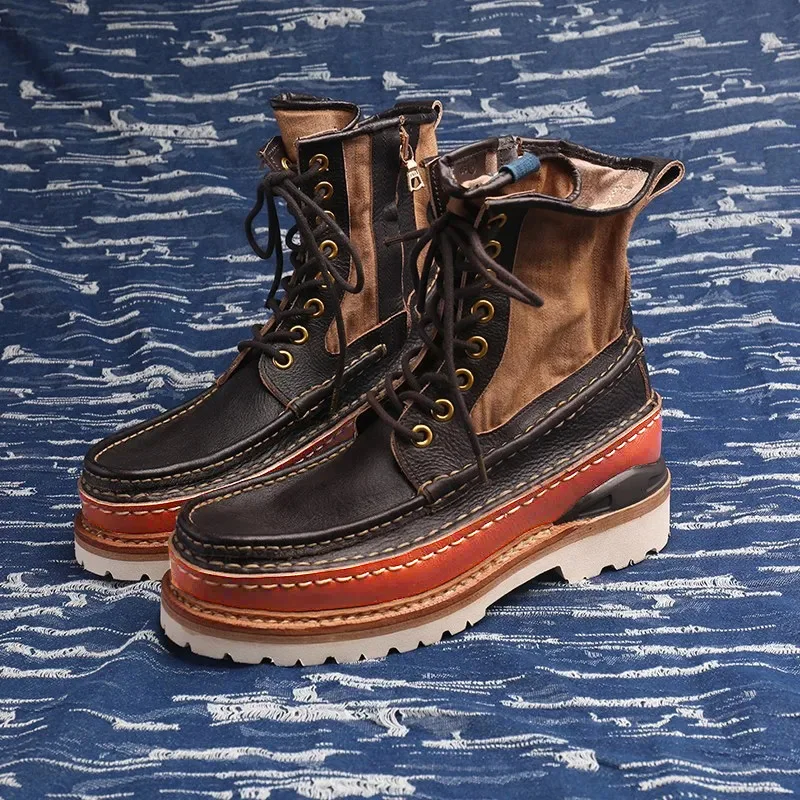 High Quality Handmade Mens Boots Retro Patchwork Genuine Leather Work Boots Men Lace Up Canvas High Top Shoes Size 45 46