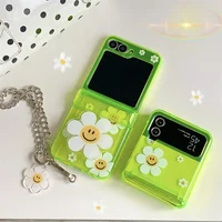 Phone Case For Samsung Galaxy Z Flip 7 FE 6 5 4 3 Fluorescent Green Insert Cards Cute Flower Stand Bracelet Shockproof Cover