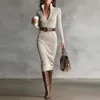 Elegant French Style Long Sleeve Knitted Dress Waist Cinched High Neck Bodycon Skirt Street Style Fashion for Early Autumn