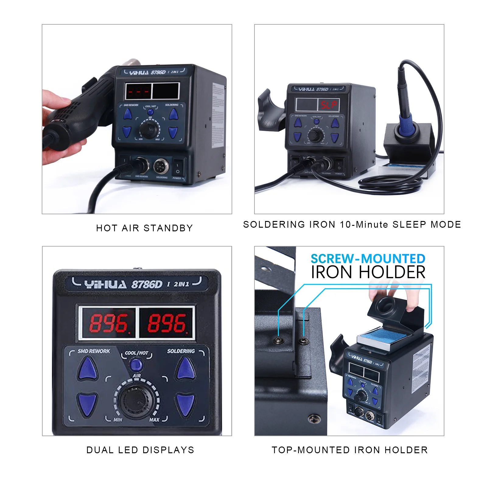 8786D 2-in-1 Soldering & Hot Air Rework Station 740W 212-896°F PID Sleep Mode wi