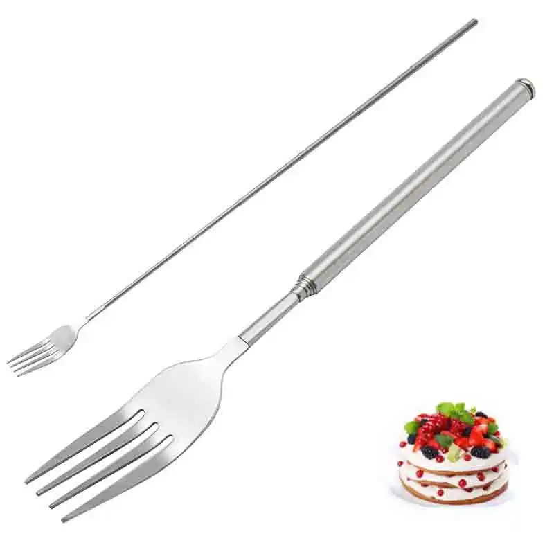 

Silver Stainless Telescopic Extendable Fork Dinner Fruit Dessert Long Cutlery Forks BBQ Meat Fork Kitchen Dinnerware Tableware