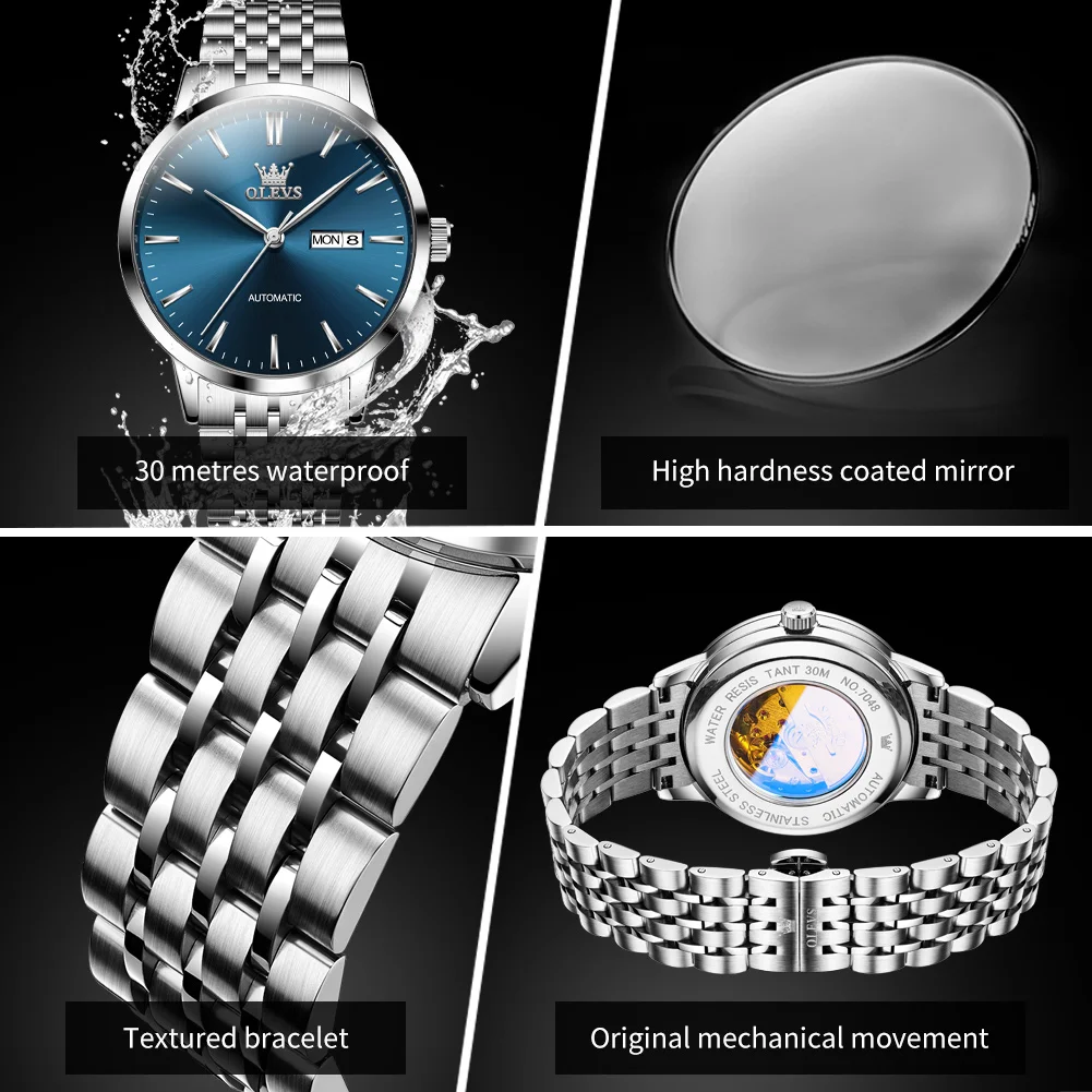OLEVS 7048 Men's Watch Dual Calendar Mechanical Watch For Men Fashion Top Brand Waterproof Man Wristwatch Stainless Steel Strap