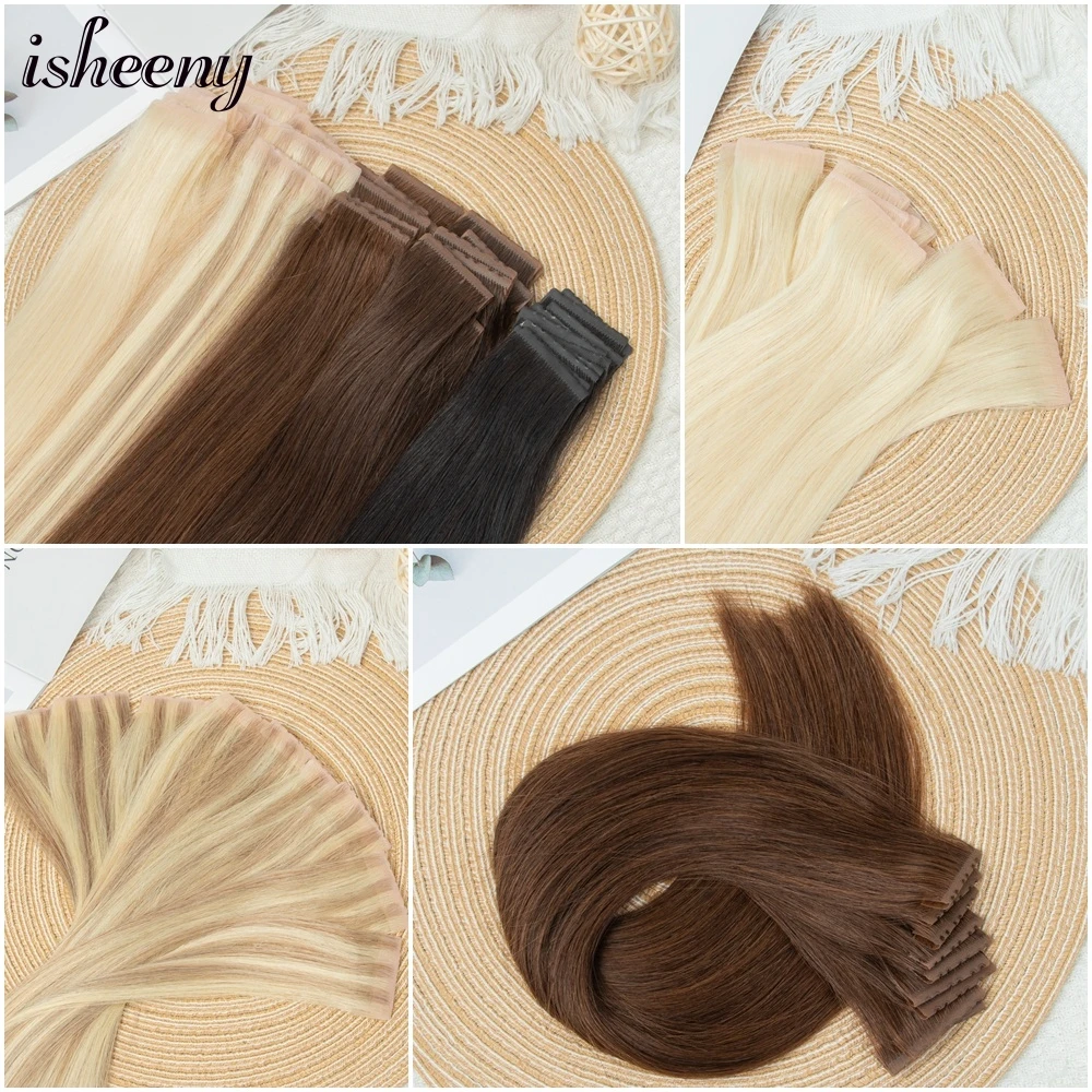 Human Hair Extensions Hair Extensions isheeny 12"-24" Invisible Hole Hair Extensions Blonde Twin Tab Hair Weft Pull Through Human Extensions PU Skin Bundles