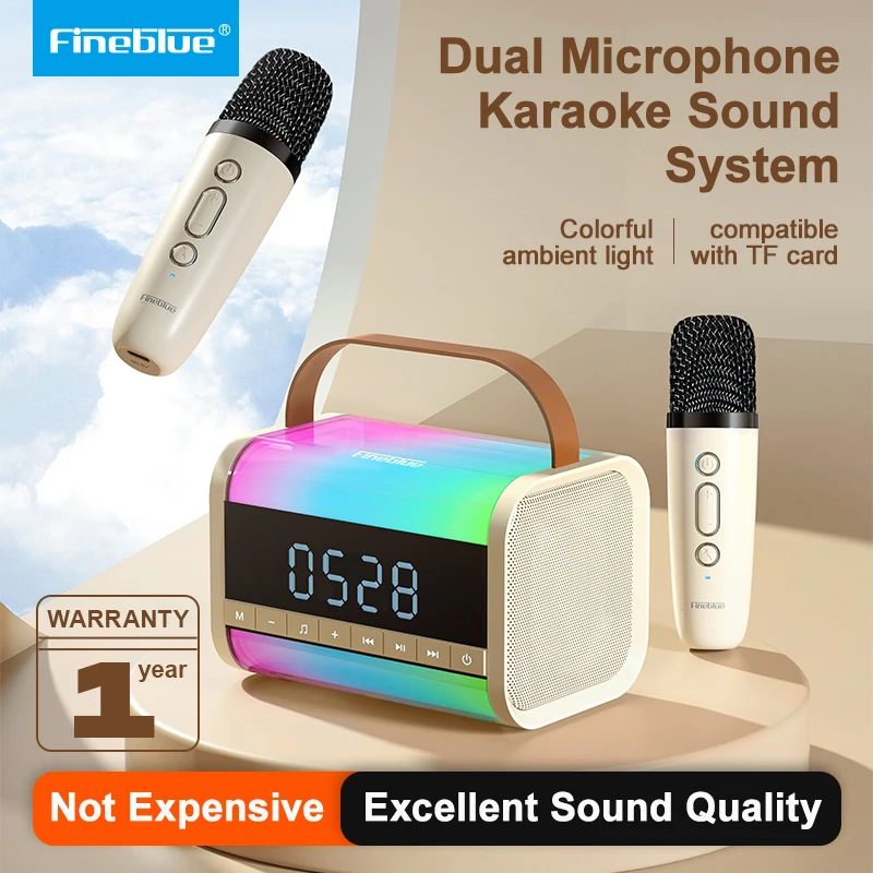 Fineblue W03 Bluetooth Karaoke Speaker with Microphones Portable Phone Karaoke Home/Camp KTV HIFI Stereo RGB Colorful LED Party