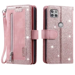 Luxury 9-Card Zipper Wallet Phone Case with Wrist Strap and Flip Folio for Moto One 5G Ace (Pink)