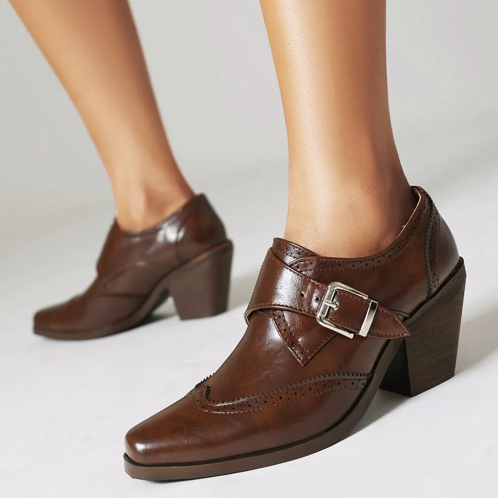 Plus Size 48 New Ladies Solid Oxfords Pumps Fashion Buckle Lace-up Chunky High Heel women's Pumps Party Office Retro Woman Shoes