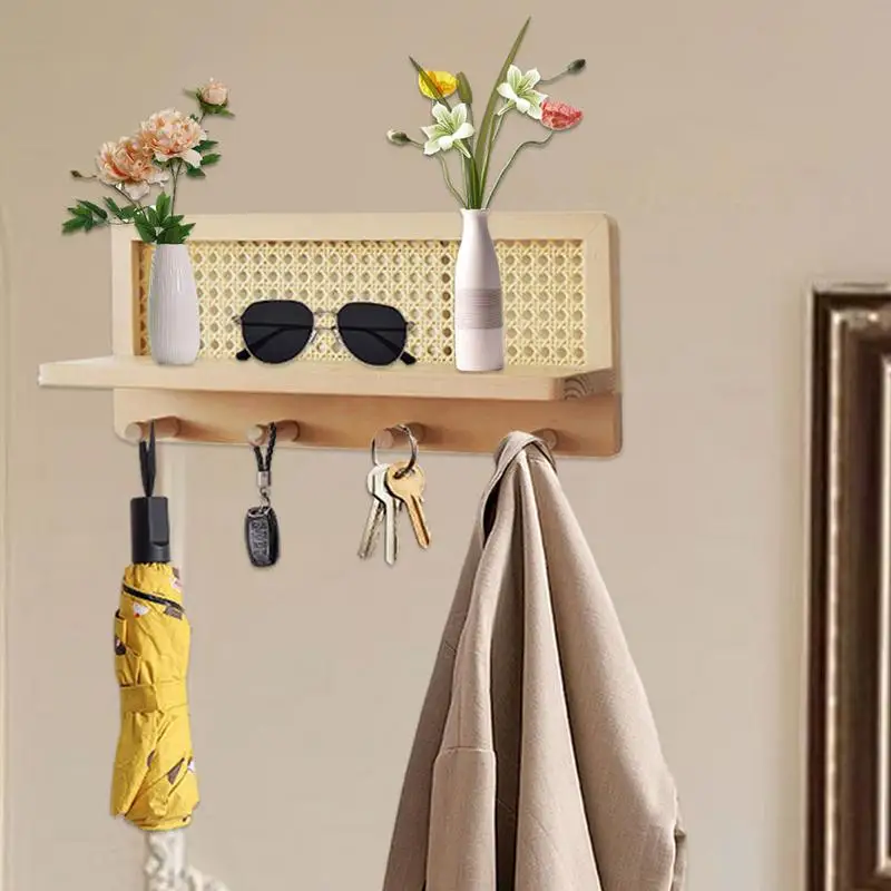 Rattan Wall Shelf Hangable Wooden Boho Shelves Wall Hook Farmhouse Decoration Rustic Wall Organizer Book Shelves with Hooks