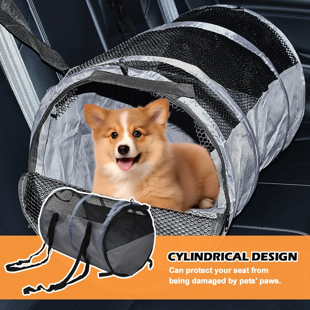 Safety Transport Anti-scratch Protector Pet Carrier for Car Back Seat, Foldable Cylindrical Cage for Cats Puppy Dog Mesh Kennel