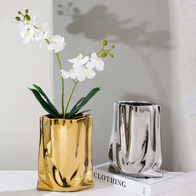 Nordic Light Luxury Vase Silver Ceramic Vases Living Room Ornament Home Decor Flower Pot