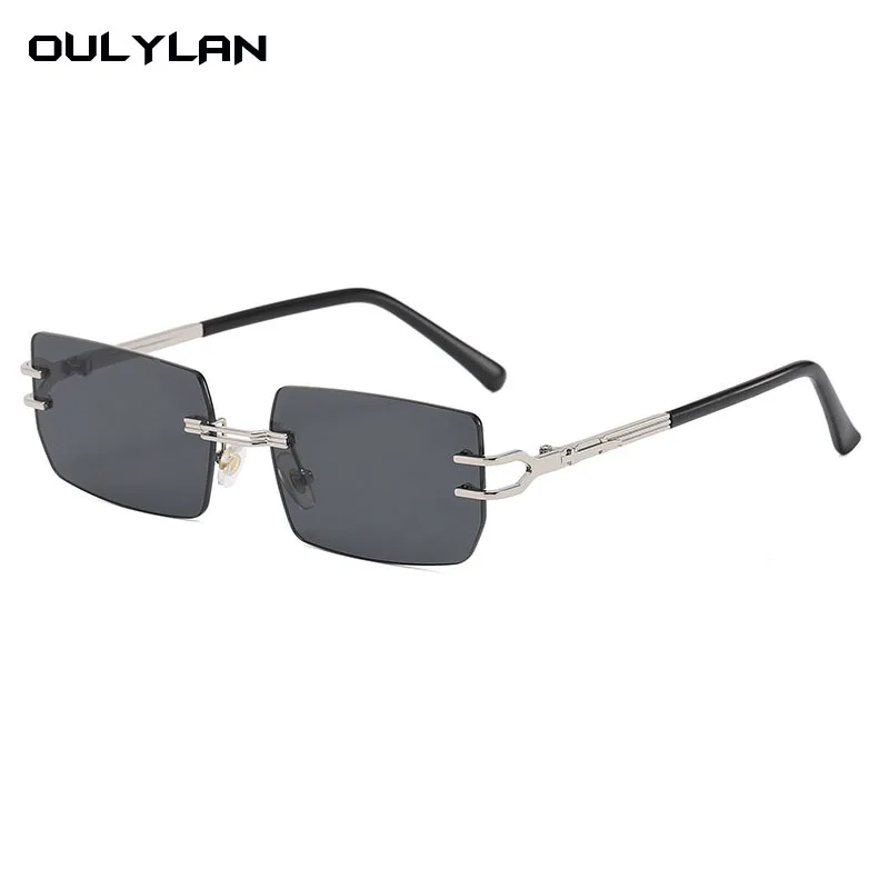 

OULYLAN New Rimless Rectangle Vintage Metal Leopard Head Sunglasses Fashion Frameless Tinted Glasses Shades for Women Men