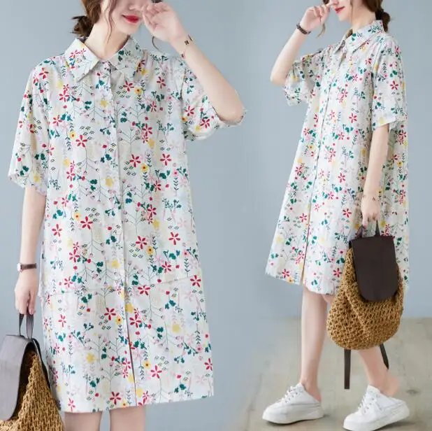 

#3209 Vintage Dress Women Polo Neck Full Floral Printed Dressed Female Cotton Retro Loose Short Sleeve Shirt Dress Knee-length