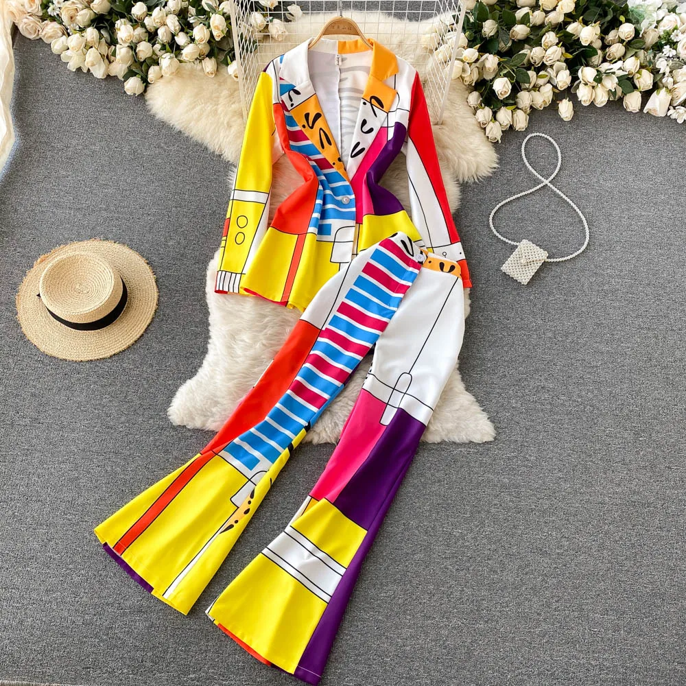 

Elegant Women's Sets Spring/Autumn 2023 New Vintage Printed Suit Top and High Waist Flare Pants Two Piece Set