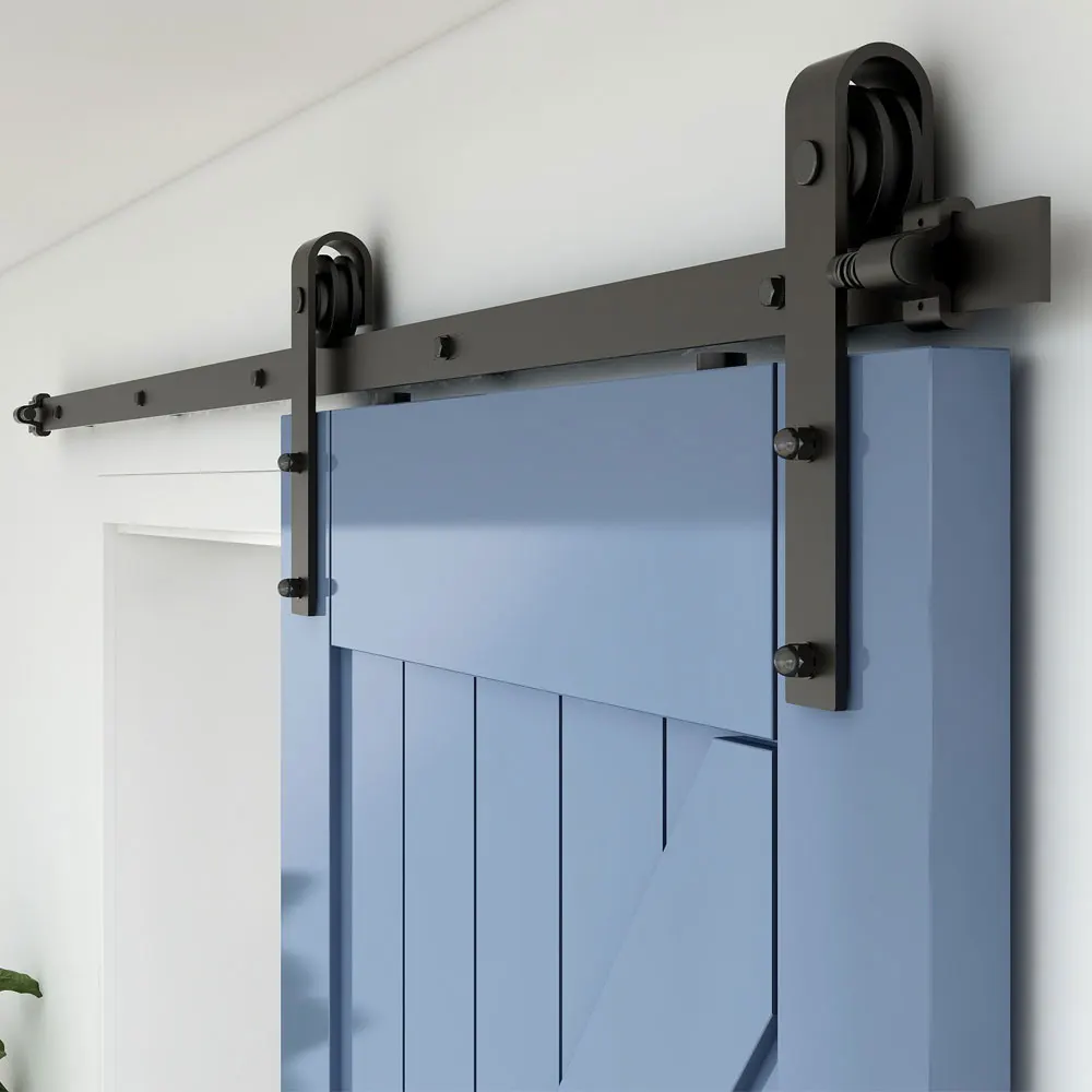 4-8FT Sliding Barn Door Hardware Kit With a Floor Guide Traditional Sliding Track for Single Wood Gate Classic Flat Roller
