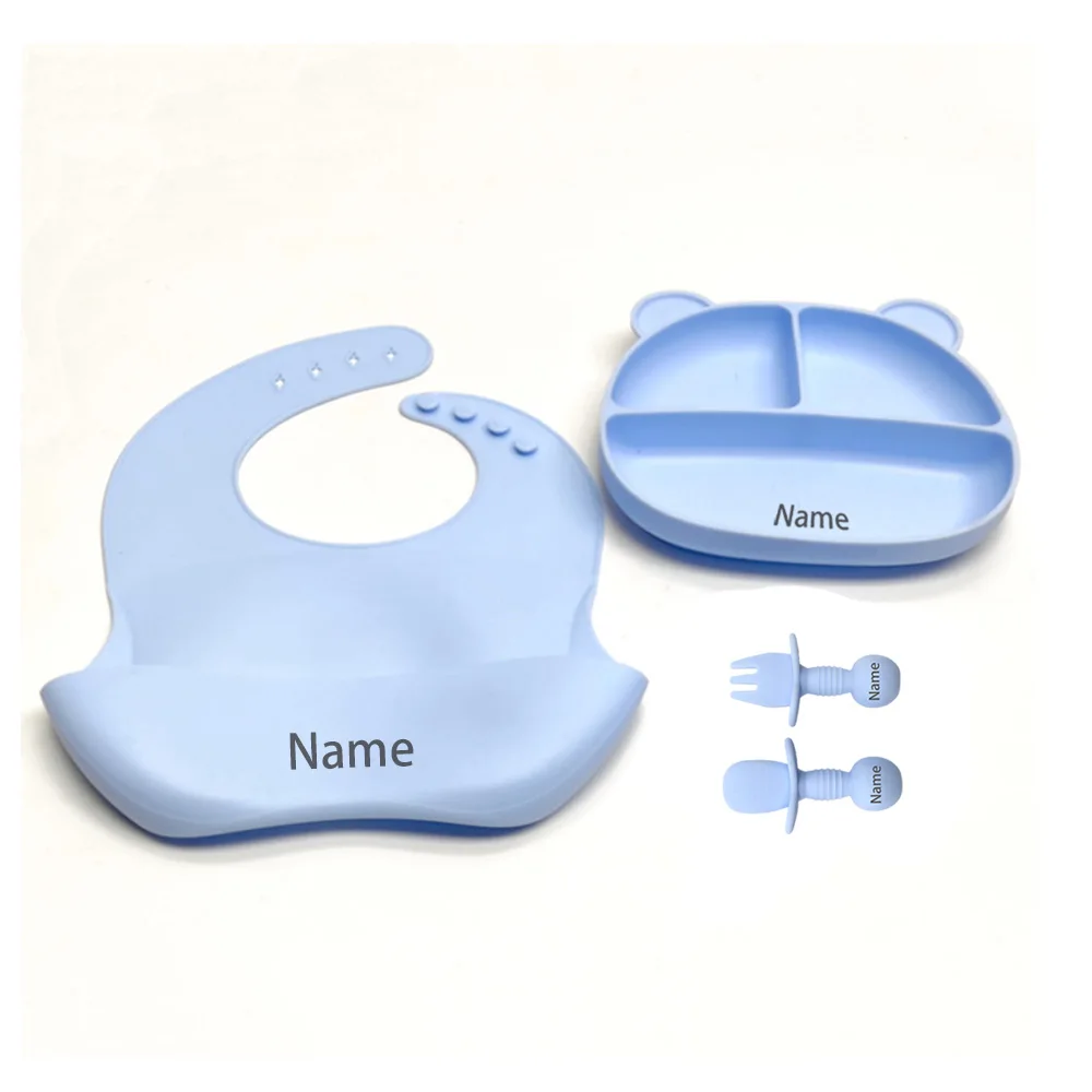 4PCS Children's Tableware Set with Free Name Printing Personalized Silicone Tableware Unique Gift for Boys And Girls