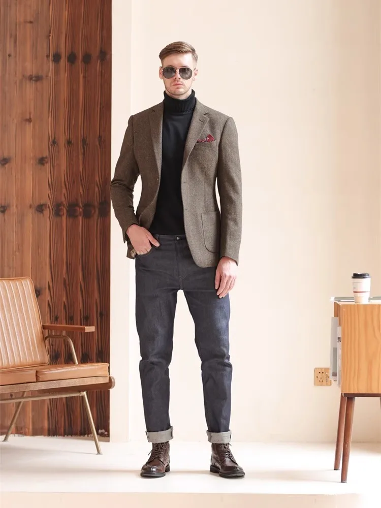 Herbst und Winter verdickter Retro-Anzug aus grober Wolle, Business-Casual, britischer Stil, Anzugjacke mit Fischgrätenmuster für Herren – Detail 9