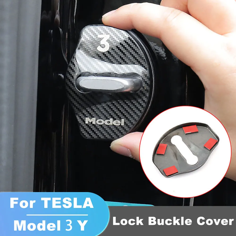 

Для Tesla Model 3 Y, Автомобильный Дверной замок, пряжка, крышка, аксессуары, дверной замок, металлическая наклейка из углеродного волокна, автомобильное украшение