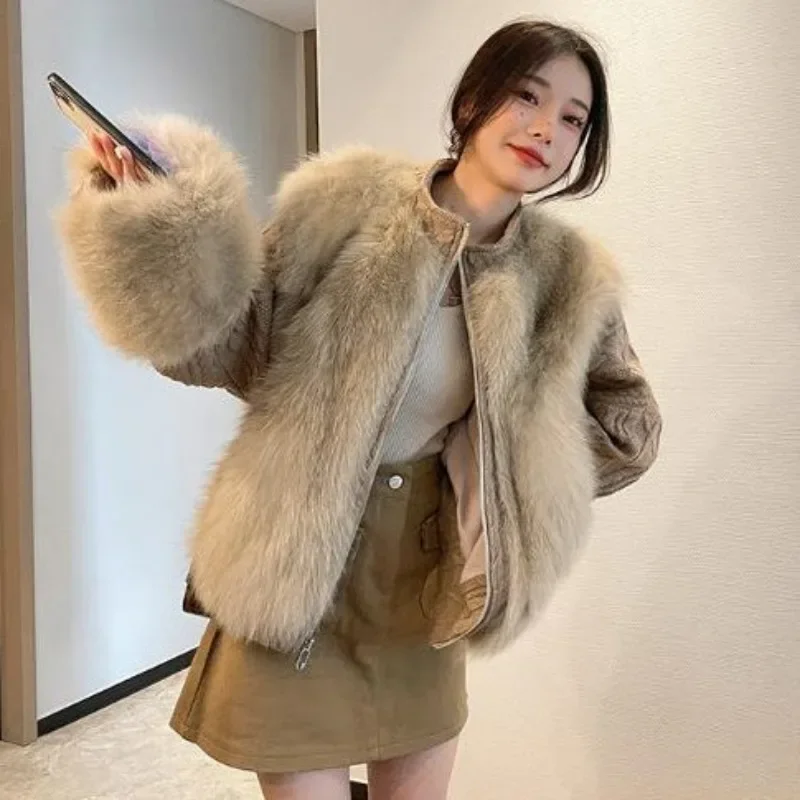 Elegant Women Faux Fur Coat Autumn Winter Female Imitation Fox Fur Patchwork Knitting Sweater Design Sense Loose Casual Outwear