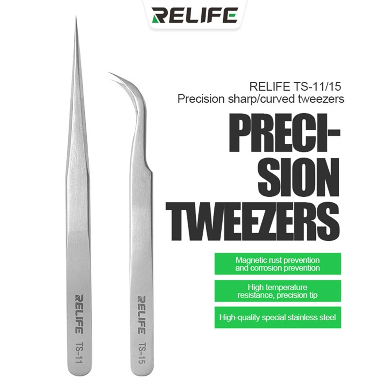 

RELIFE TS-11 TS-15 Precision Curved Straight Tweezers Stainless Steel Anti-static For Electronic CPU IC Phone Repair Tools Kit