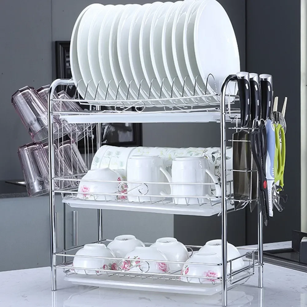 3-Tier Dish Drying Rack Kitchen Storage Shelf with Drain Board