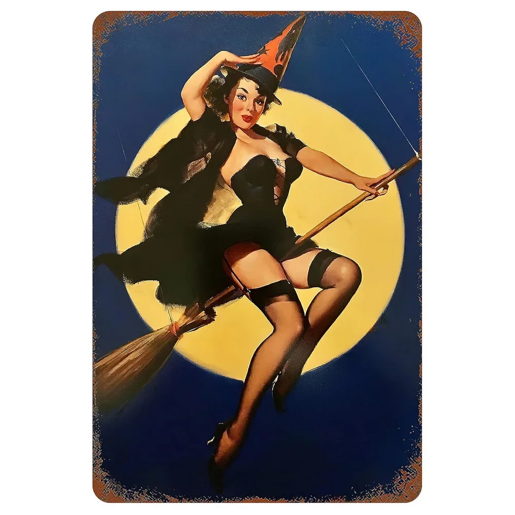 Pinup Flying Broom Witch Metal Wall Sign Pop Art Gothic Decor 7.8 x 11.8 Inch