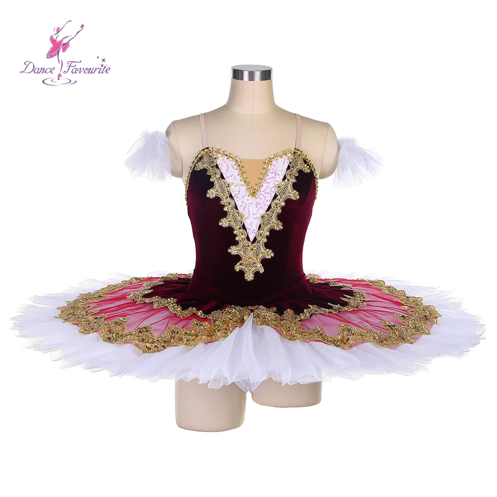 

Dance Favourite Ballet Tutus BLL138 Burgundy Velvet Bodice Pre-professional Ballet Tutu with Gold Trims