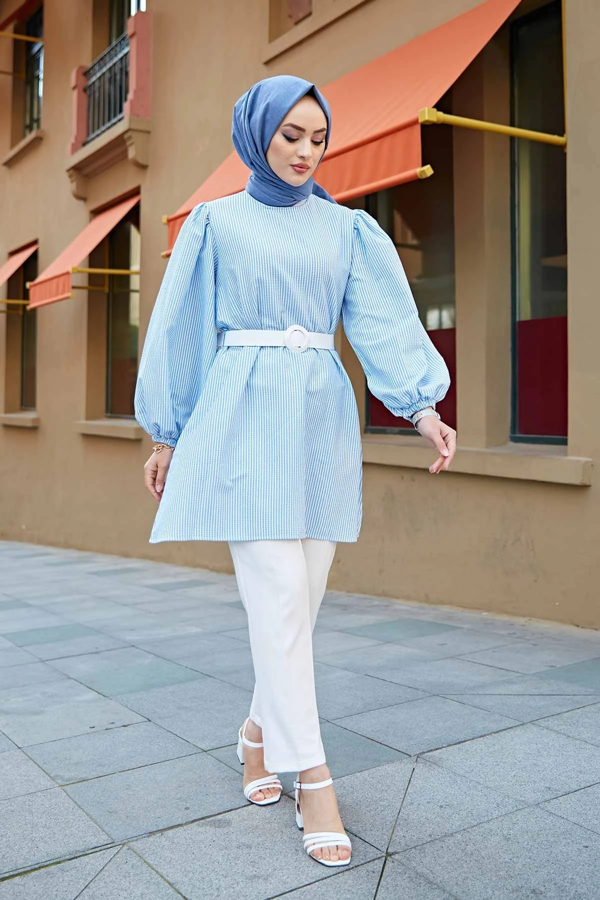 

Туника в полоску с рукавом-шариком TH-синяя