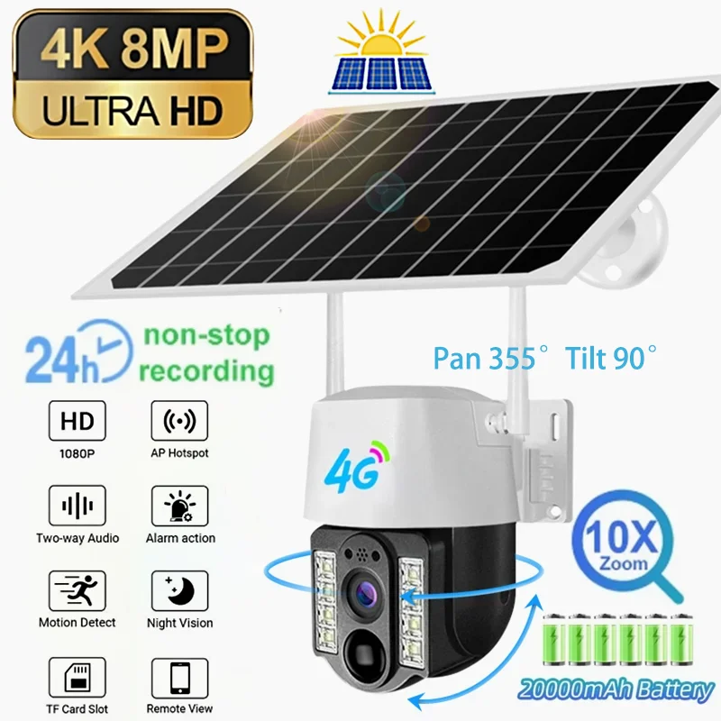 

4K 8MP Solar Camera 4G Sim Card Outdoor WiFi IP Wireless PIR Human Detection Waterproof Home Security Protection PTZ Camera