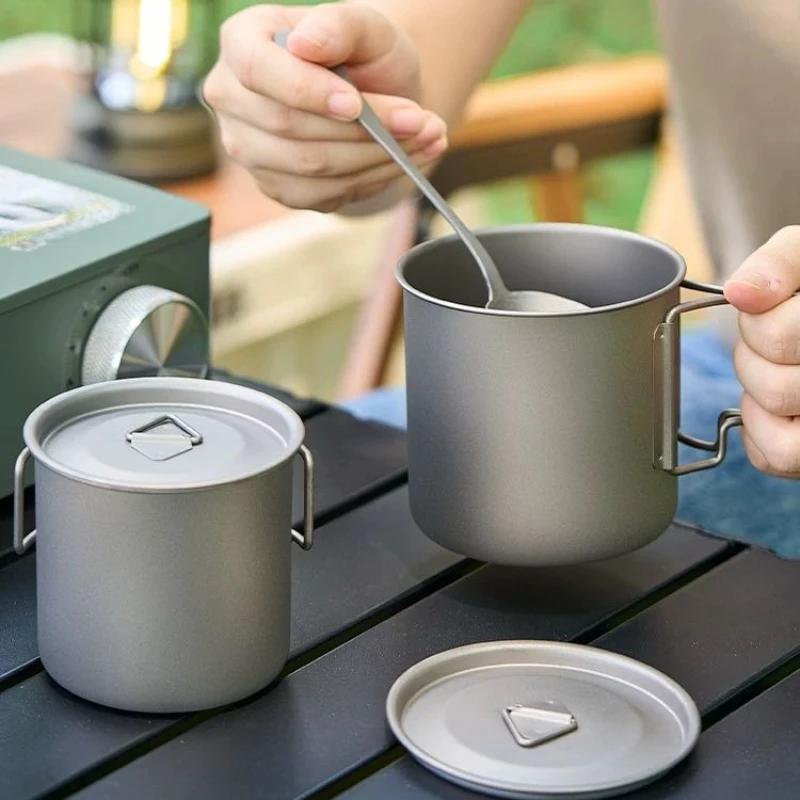 Camping Ultralight Titanium Cup Portable Water Cup with Lid Foldable Handle Titanium Cup Outdoor Cooking Picnic Cutlery 3
