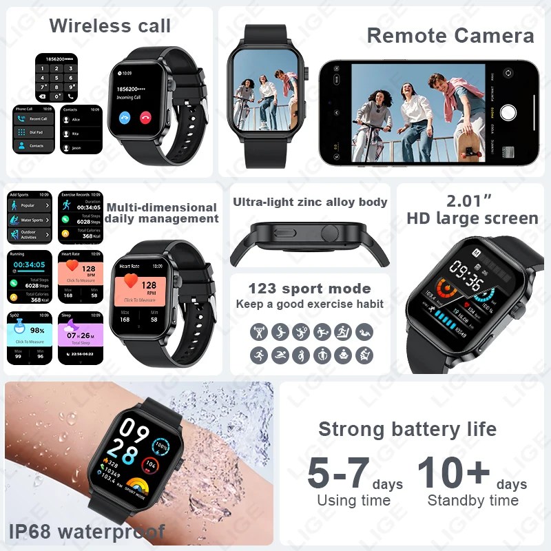LIGE 2.01'' Smart Watch Men Women Heart Rate Health Monitor Sports Fitness Bluetooth Call IP68 Waterproof Alarm Clock Smartwatch