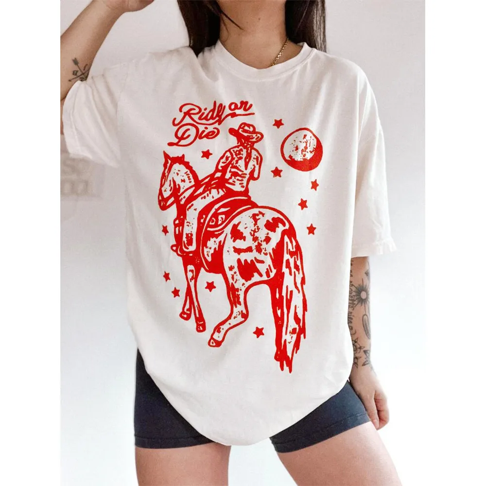 

Винтажные стильные белые футболки оверсайз для Cowgirl Ride or Die, летние толстые хлопковые топы с коротким рукавом, Модные западные футболки Tumblr