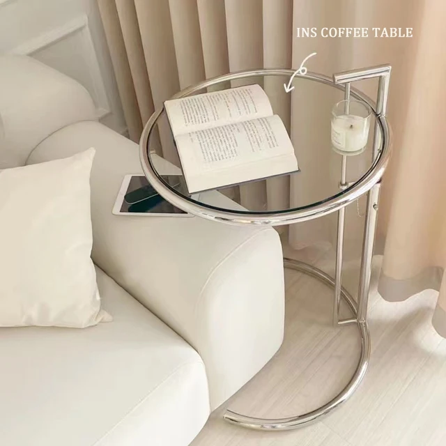 INS C-shaped Coffee Table Stainless Steel Glass Lift Sofa Corner End Table Adjustable Lift Desk for Balcony Coffeetea Room Bedside: A Modern Addition to Your Home Furniture Collection