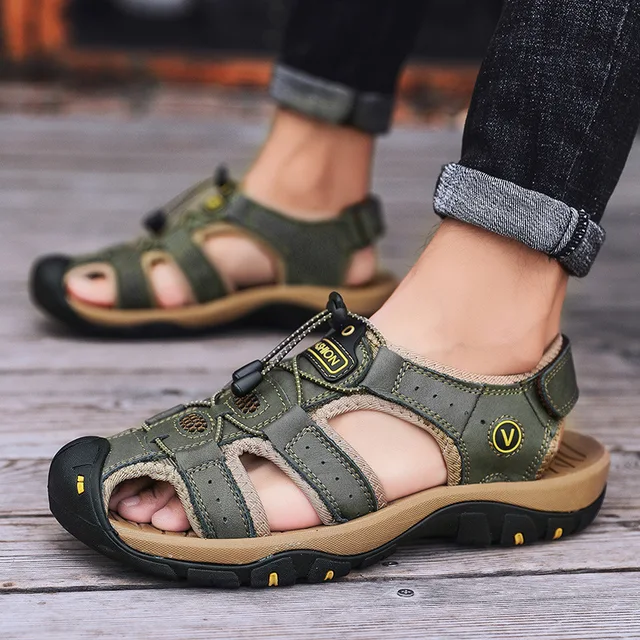 Sandales d'été en cuir de vache pour hommes, chaussures de sentier d'extérieur décontractées, chaussures de plage souples et antidérapantes, grande taille 1