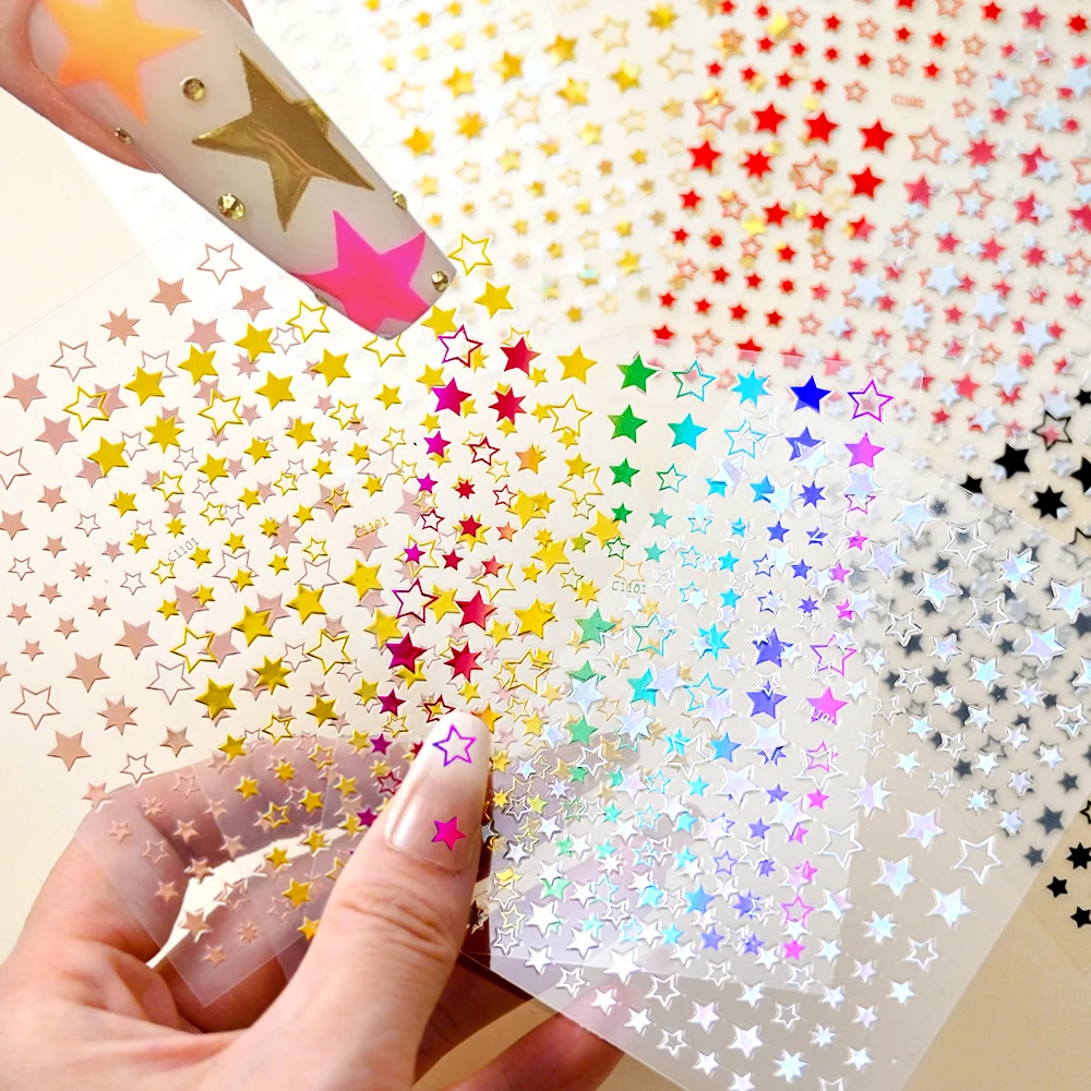 

9Pcs Holographic Star Nail Sticker Set Laser Gold Silver Pentagram Adhesive Sliders Foils Nail Decals Manicure Accessories #NLS2